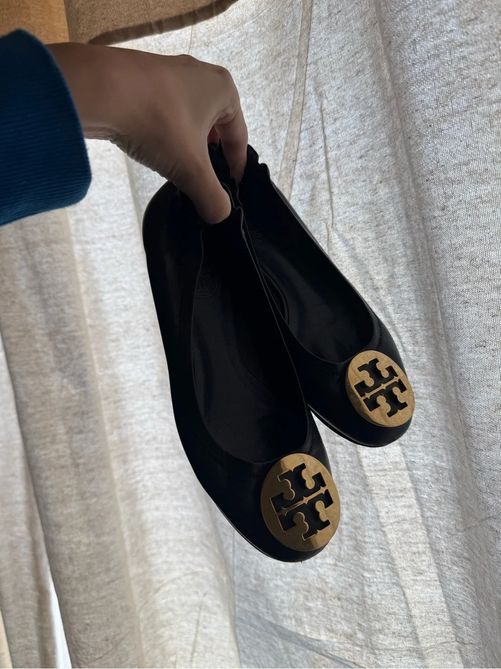 Tory Burch Reva Metallic Leather Flats Ballet Size 6.5 Womens Black Gold